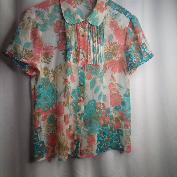 Emma James Blouse M Short Sleeve Button Up Sheer Floral Blue Pink - Picture 14 of 16